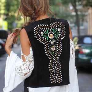 Zara | Black leather Embroidered vest